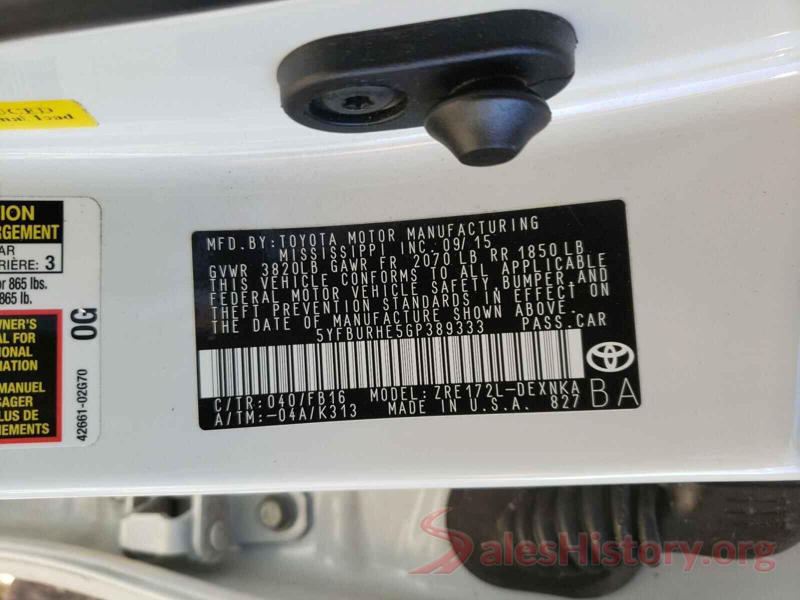 5YFBURHE5GP389333 2016 TOYOTA COROLLA