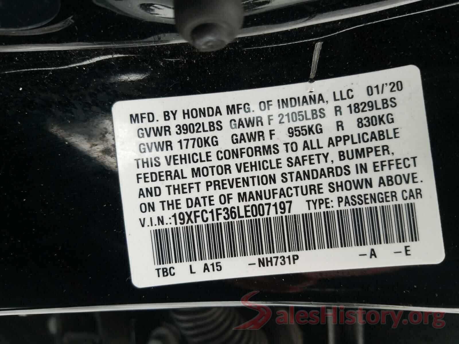 19XFC1F36LE007197 2020 HONDA CIVIC