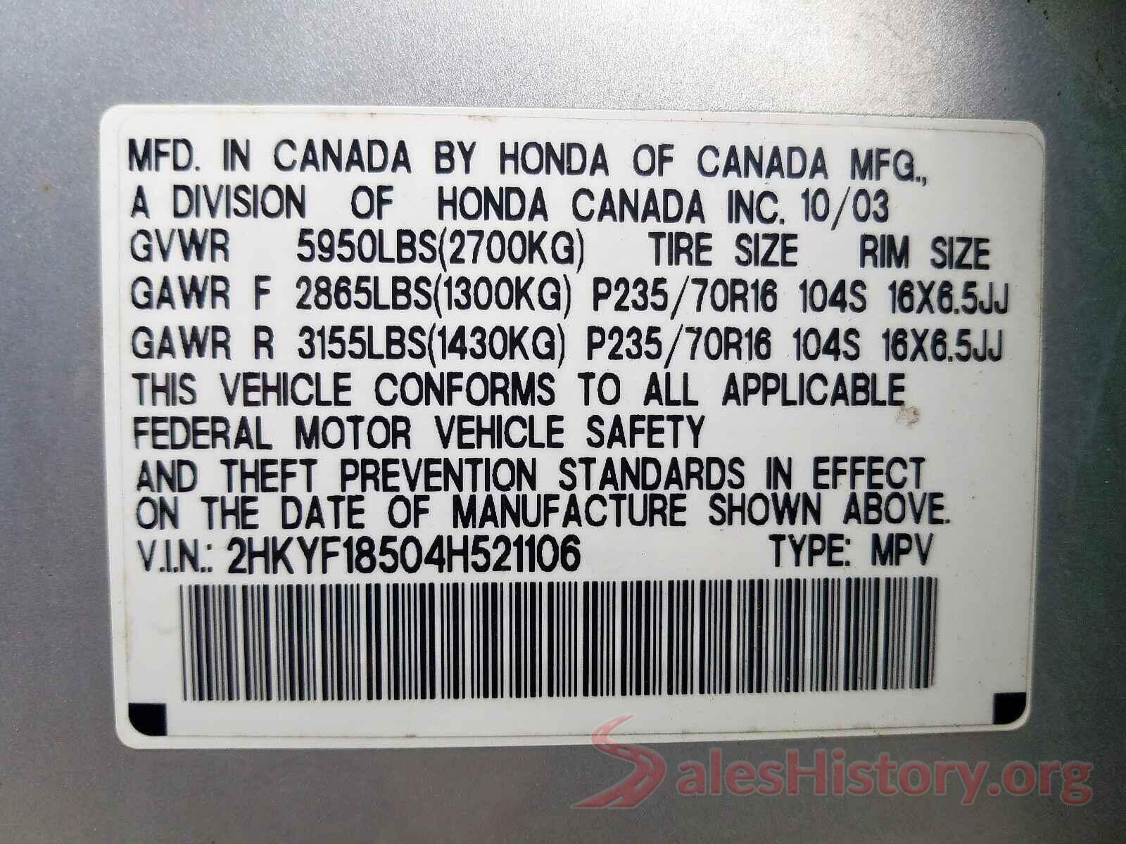 4T1BF1FK1HU725497 2004 HONDA PILOT