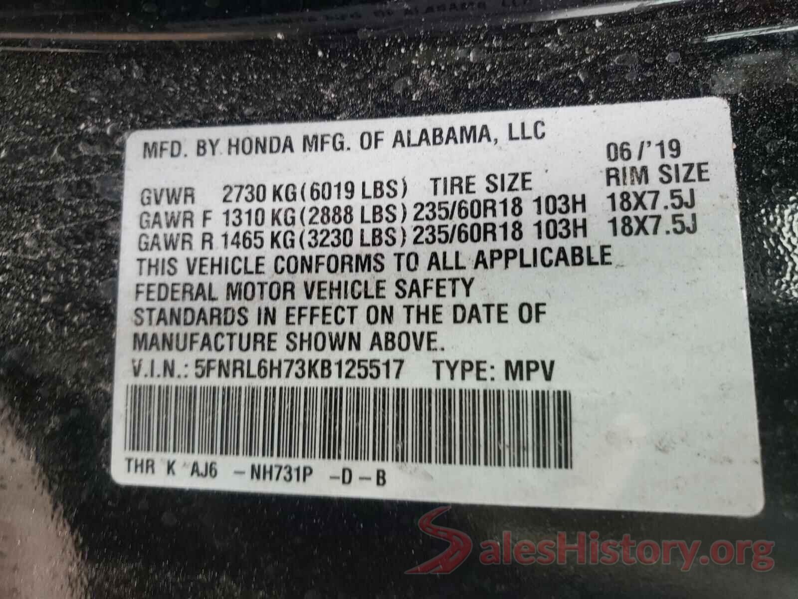 5FNRL6H73KB125517 2019 HONDA ODYSSEY