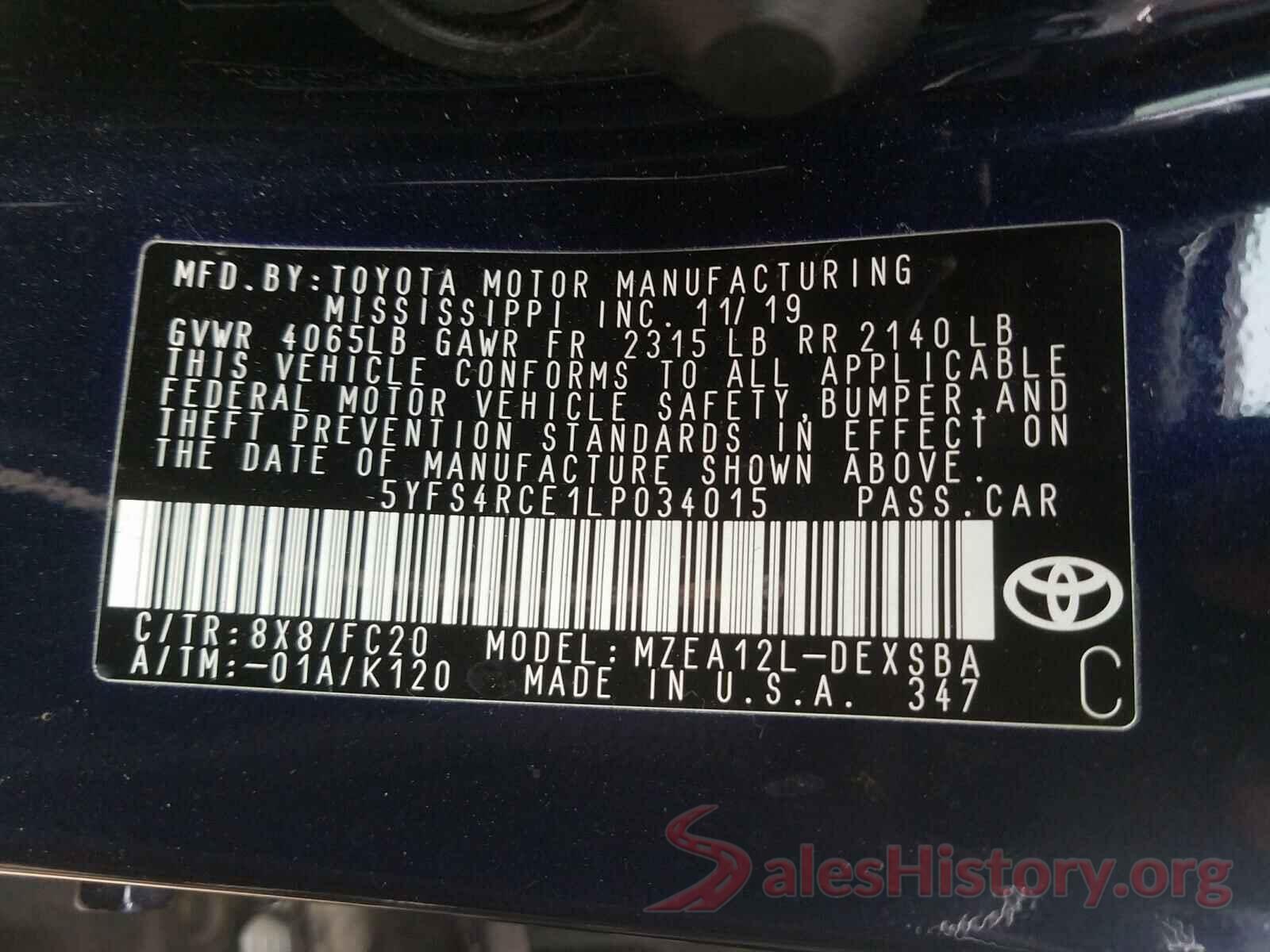 5YFS4RCE1LP034015 2020 TOYOTA COROLLA