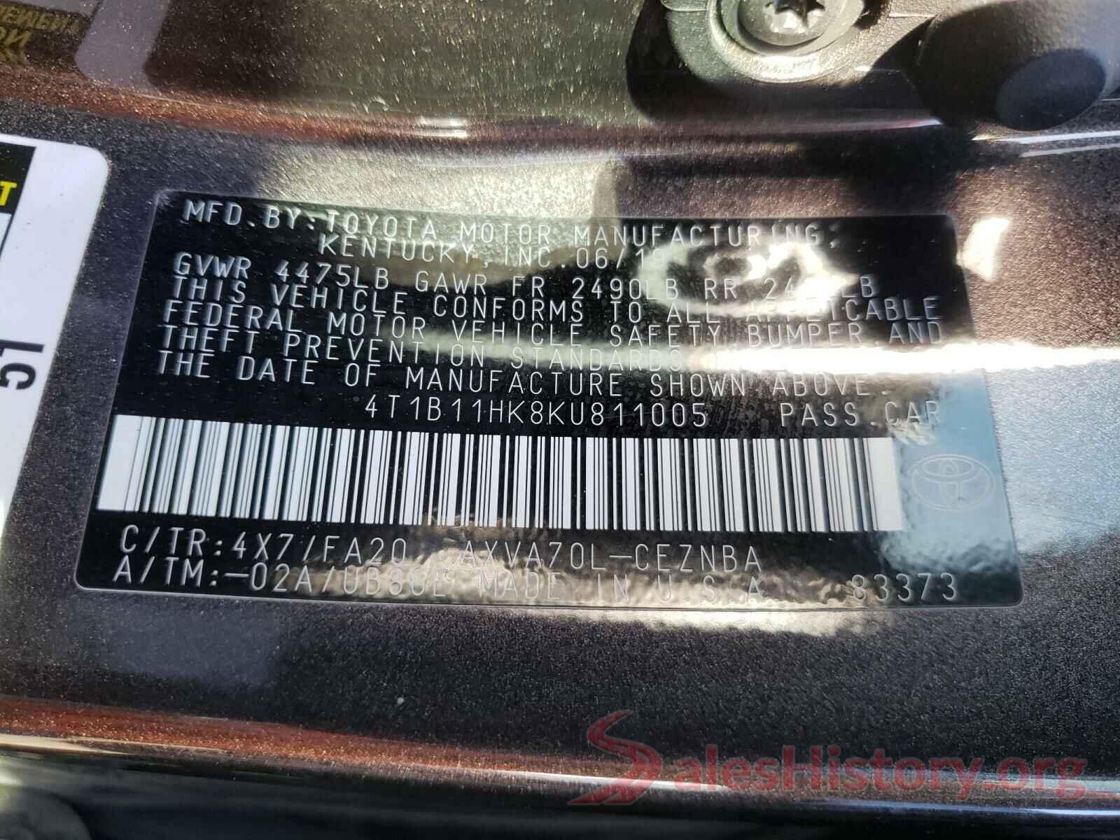 4T1B11HK8KU811005 2019 TOYOTA CAMRY