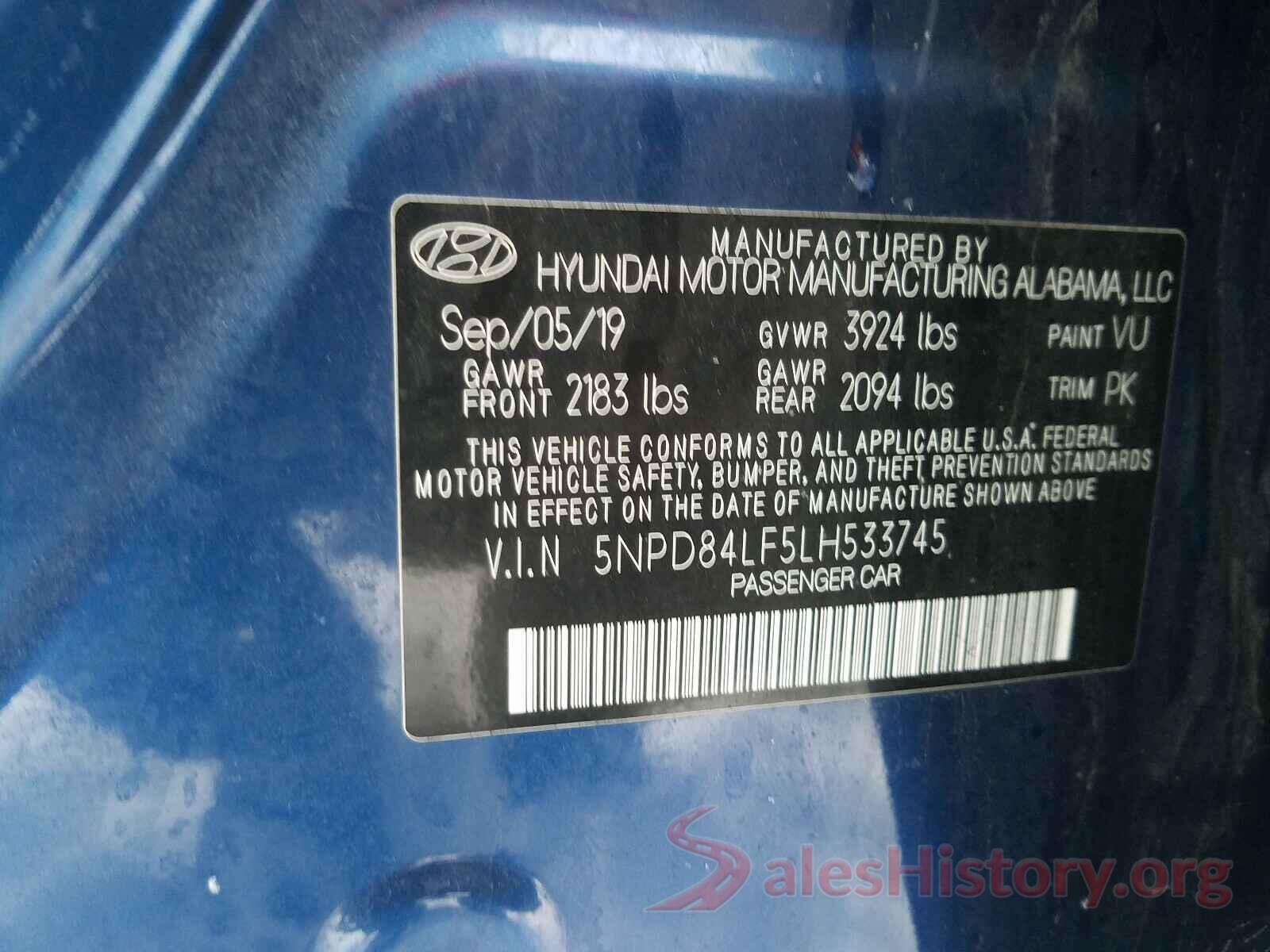 5NPD84LF5LH533745 2020 HYUNDAI ELANTRA