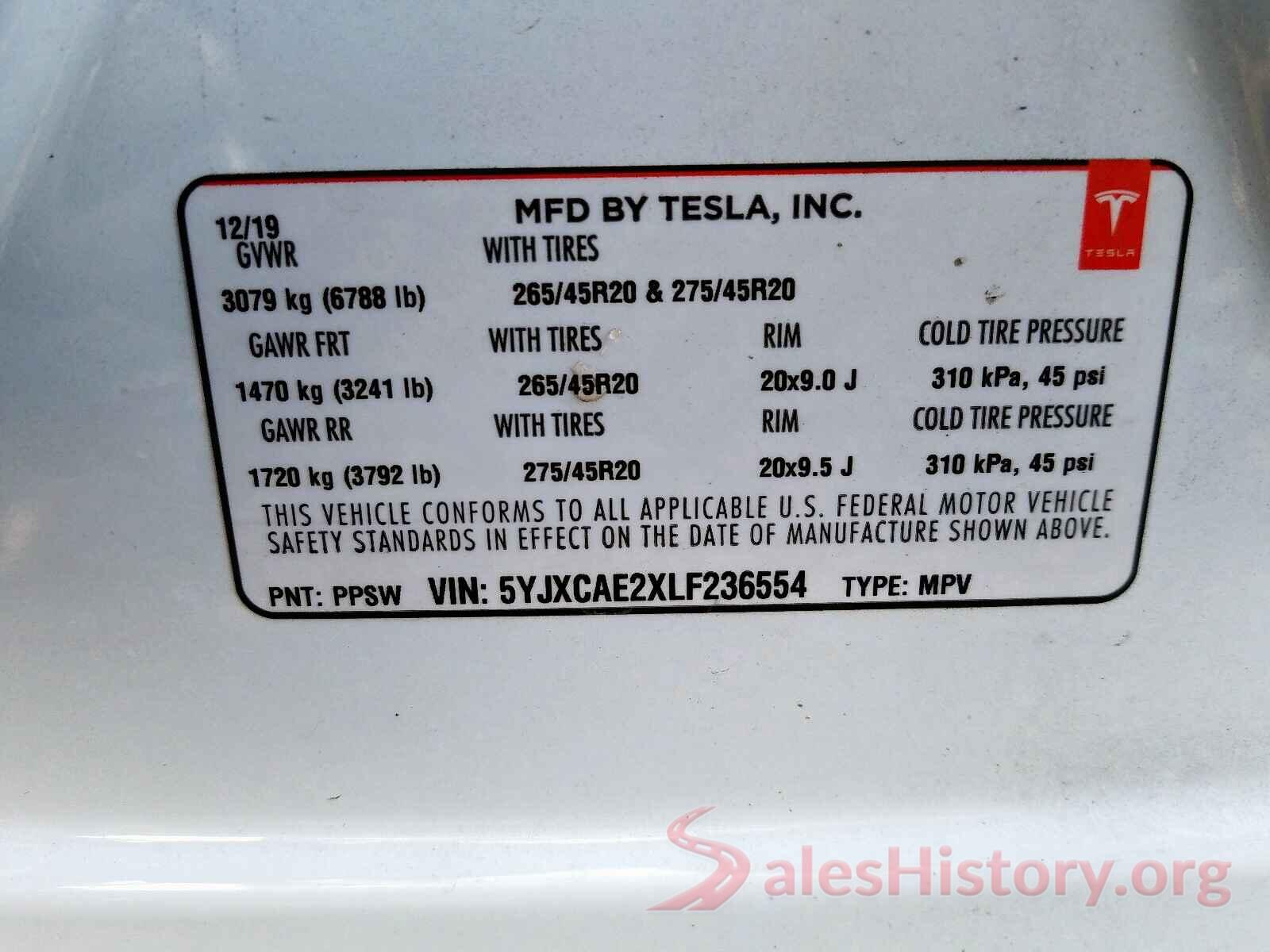 5YJXCAE2XLF236554 2020 TESLA MODEL X