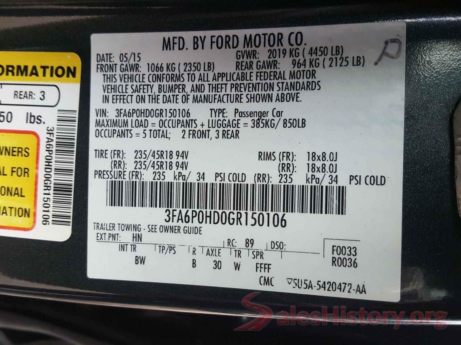 3FA6P0HD0GR150106 2016 FORD FUSION