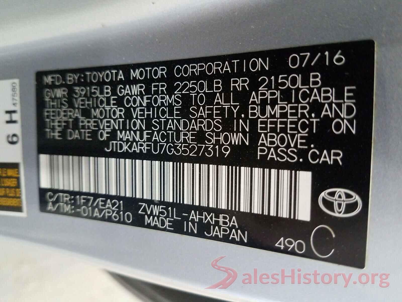 JTDKARFU7G3527319 2016 TOYOTA PRIUS