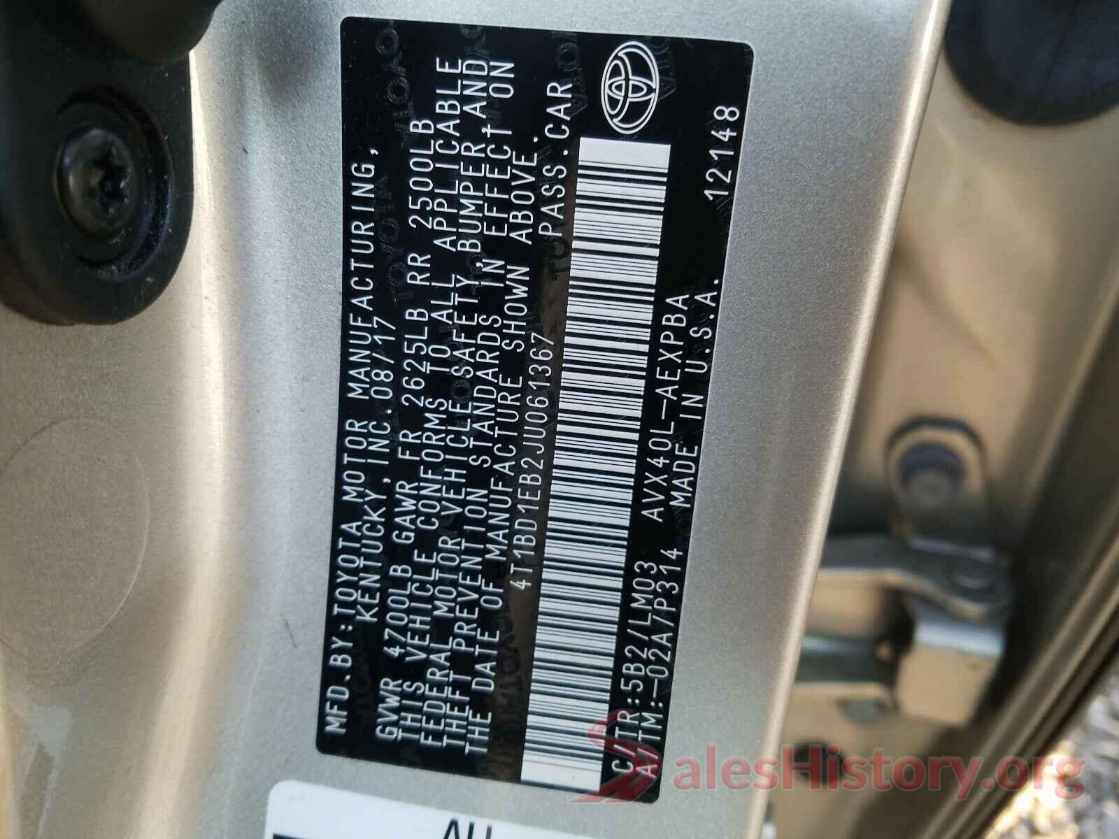 4T1BD1EB2JU061367 2018 TOYOTA AVALON