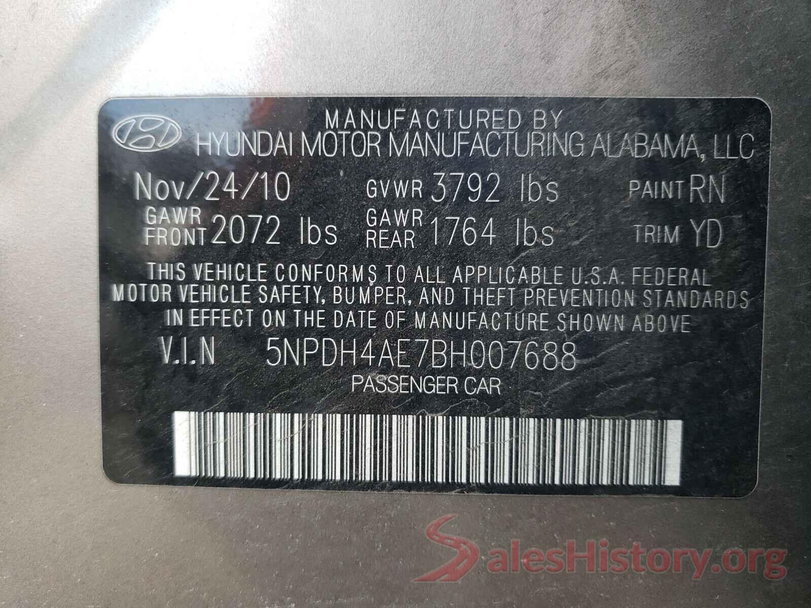 3KPFK4A77HE059721 2011 HYUNDAI ELANTRA