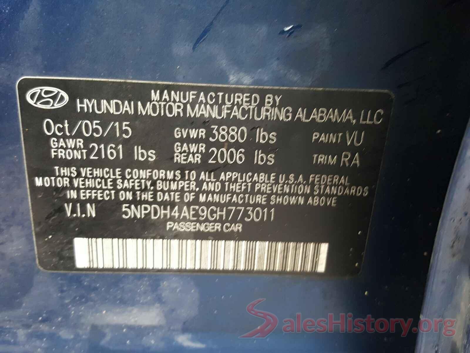 5NPDH4AE9GH773011 2016 HYUNDAI ELANTRA