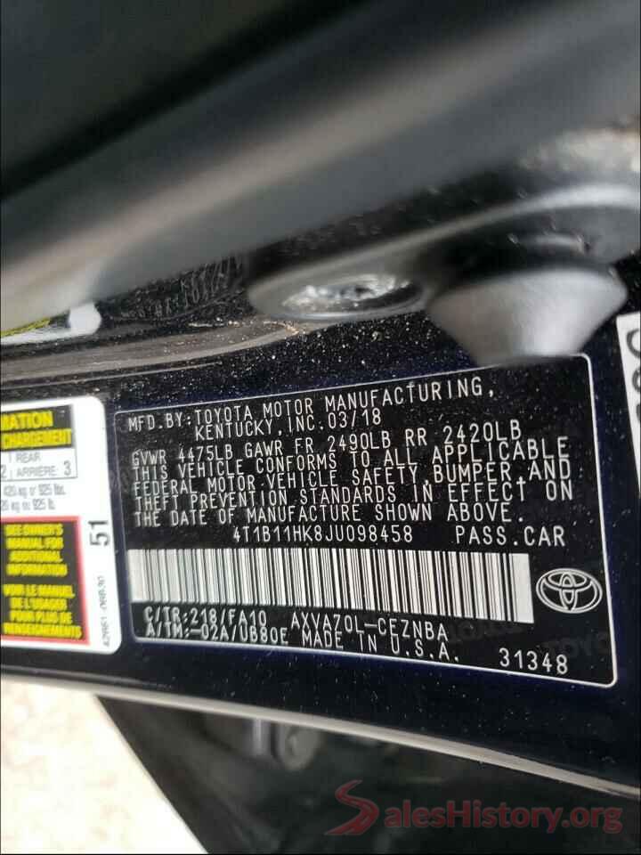 4T1B11HK8JU098458 2018 TOYOTA CAMRY