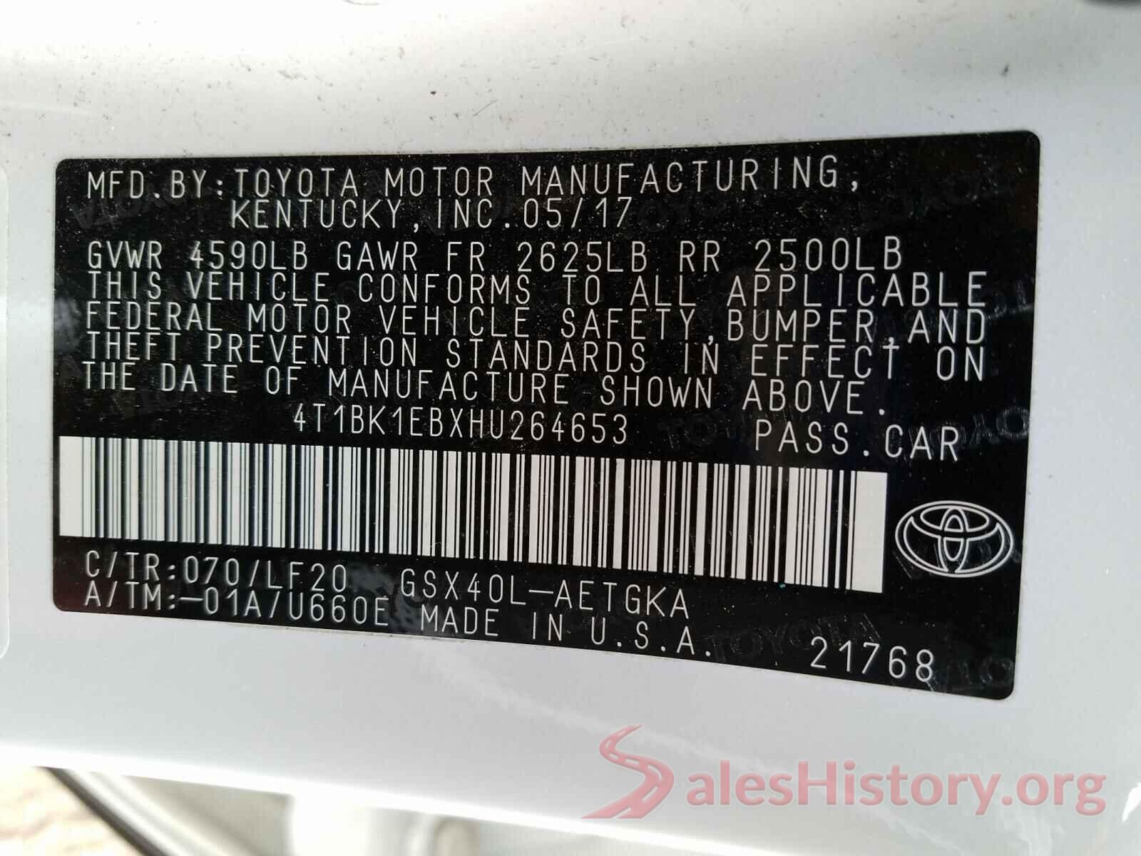 4T1BK1EBXHU264653 2017 TOYOTA AVALON