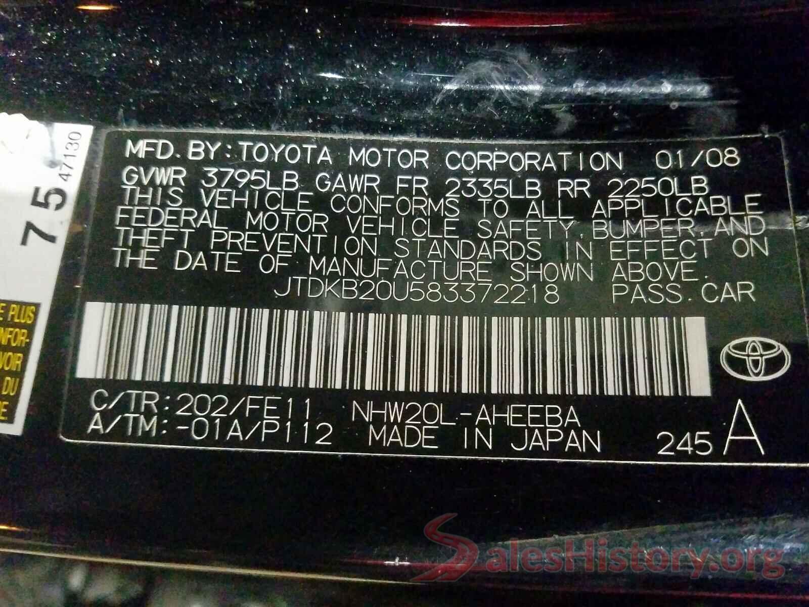 2T3H1RFV3MW130654 2008 TOYOTA PRIUS