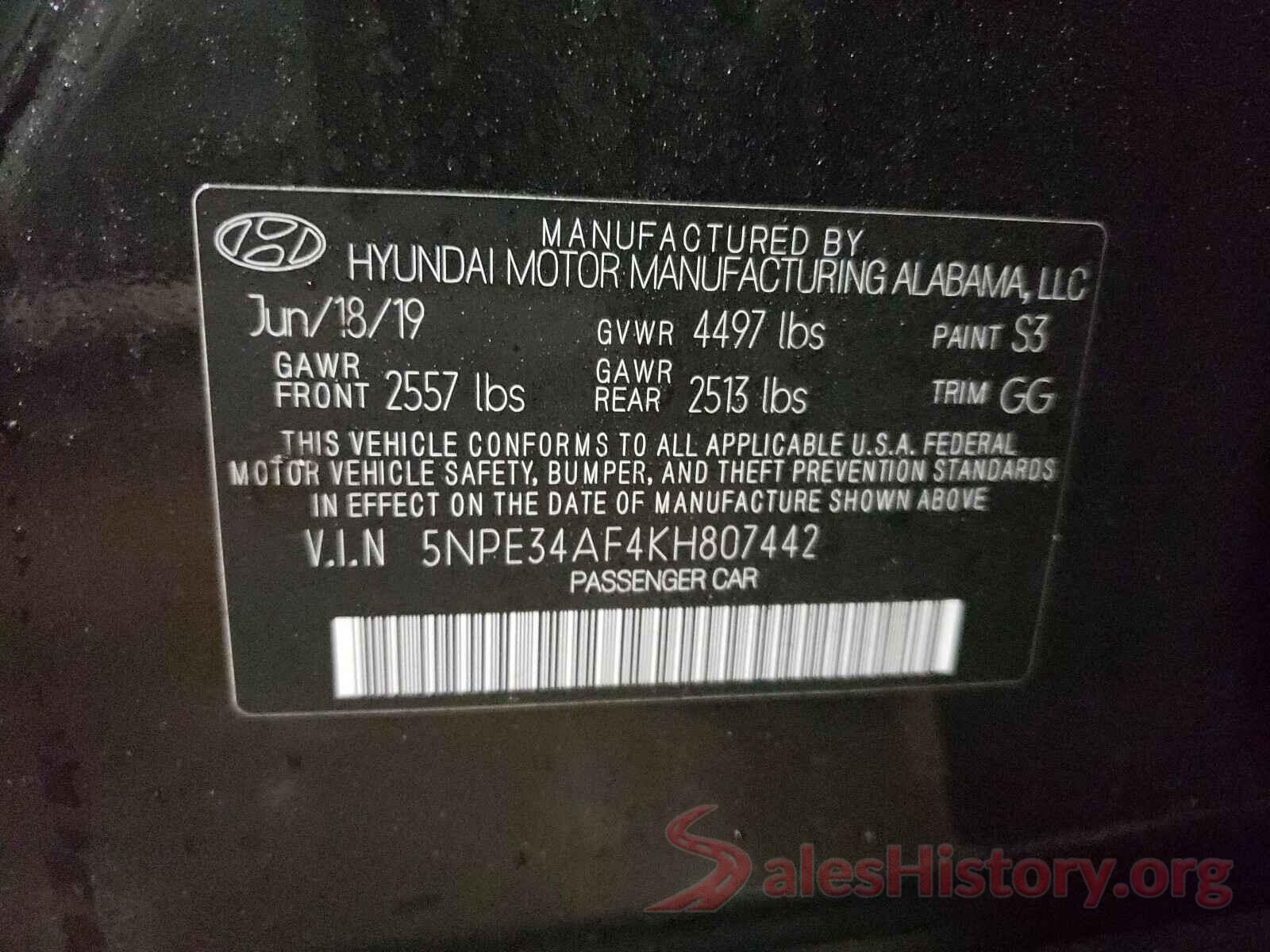 5NPE34AF4KH807442 2019 HYUNDAI SONATA