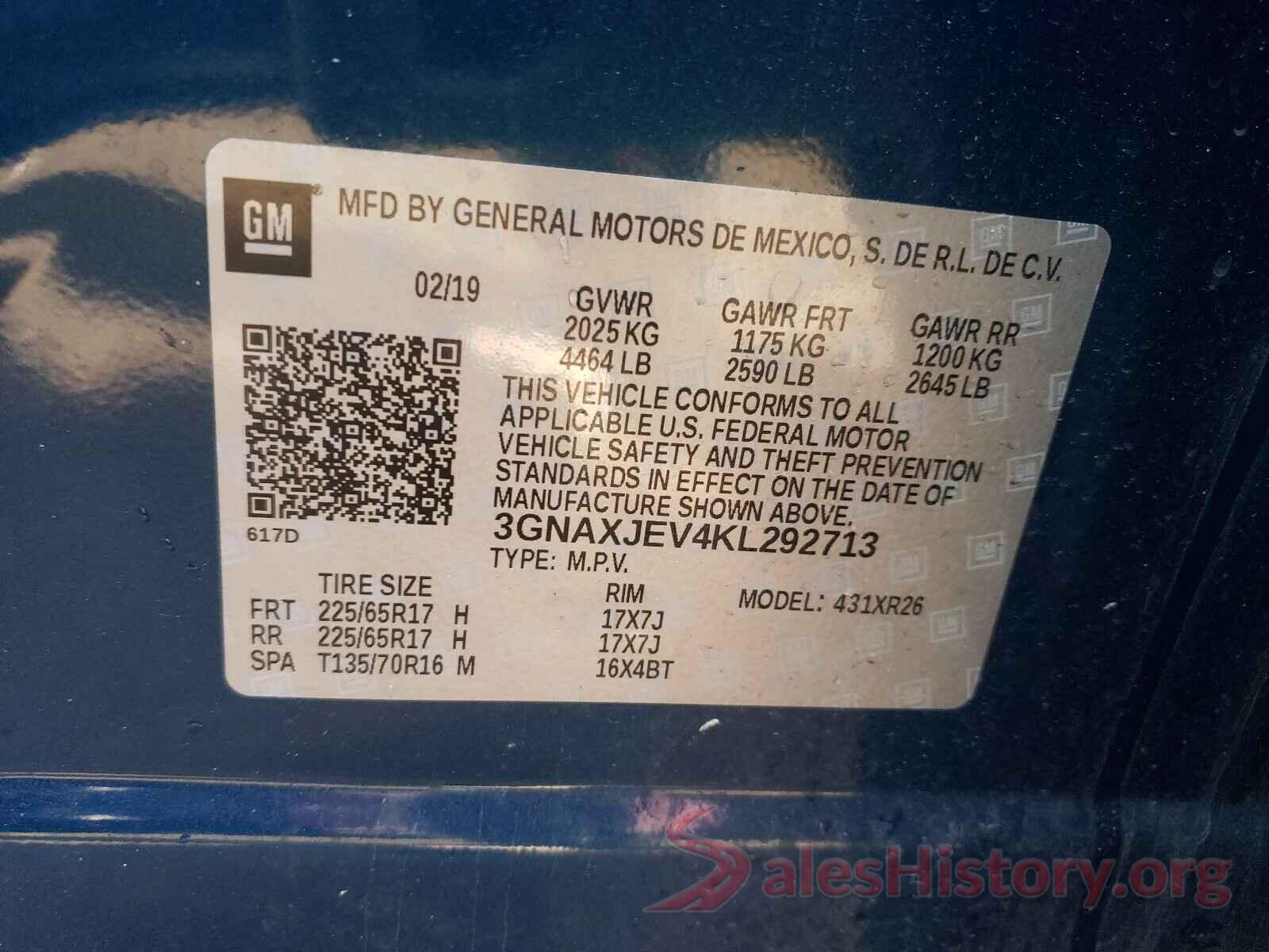 3GNAXJEV4KL292713 2019 CHEVROLET EQUINOX