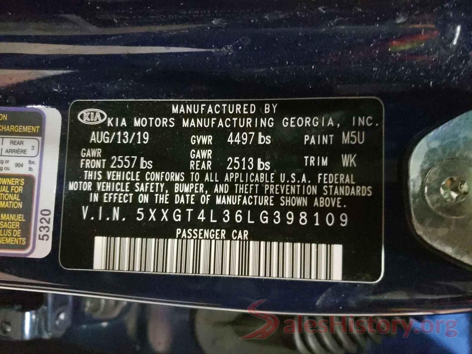 5XXGT4L36LG398109 2020 KIA OPTIMA