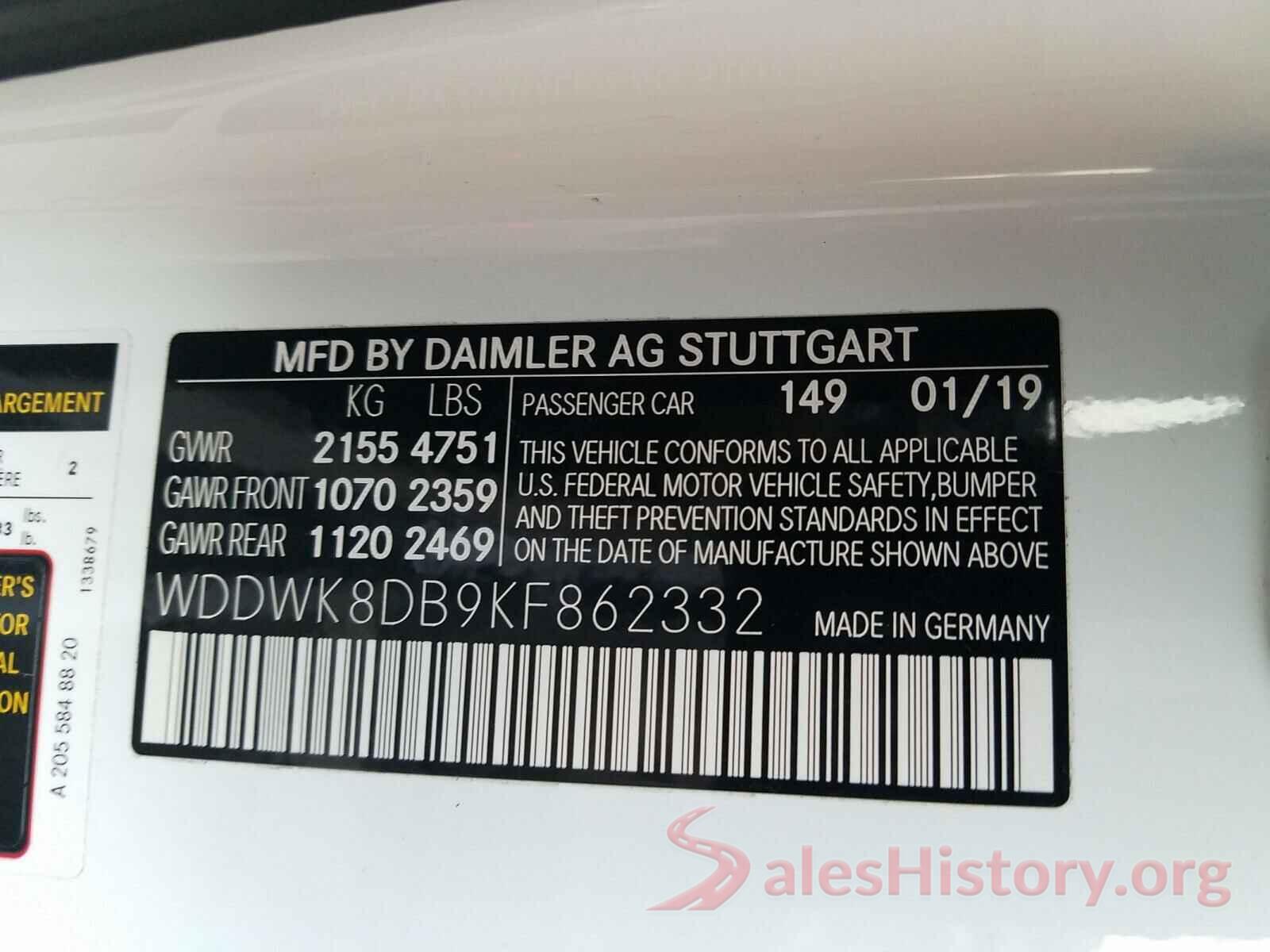 WDDWK8DB9KF862332 2019 MERCEDES-BENZ C CLASS