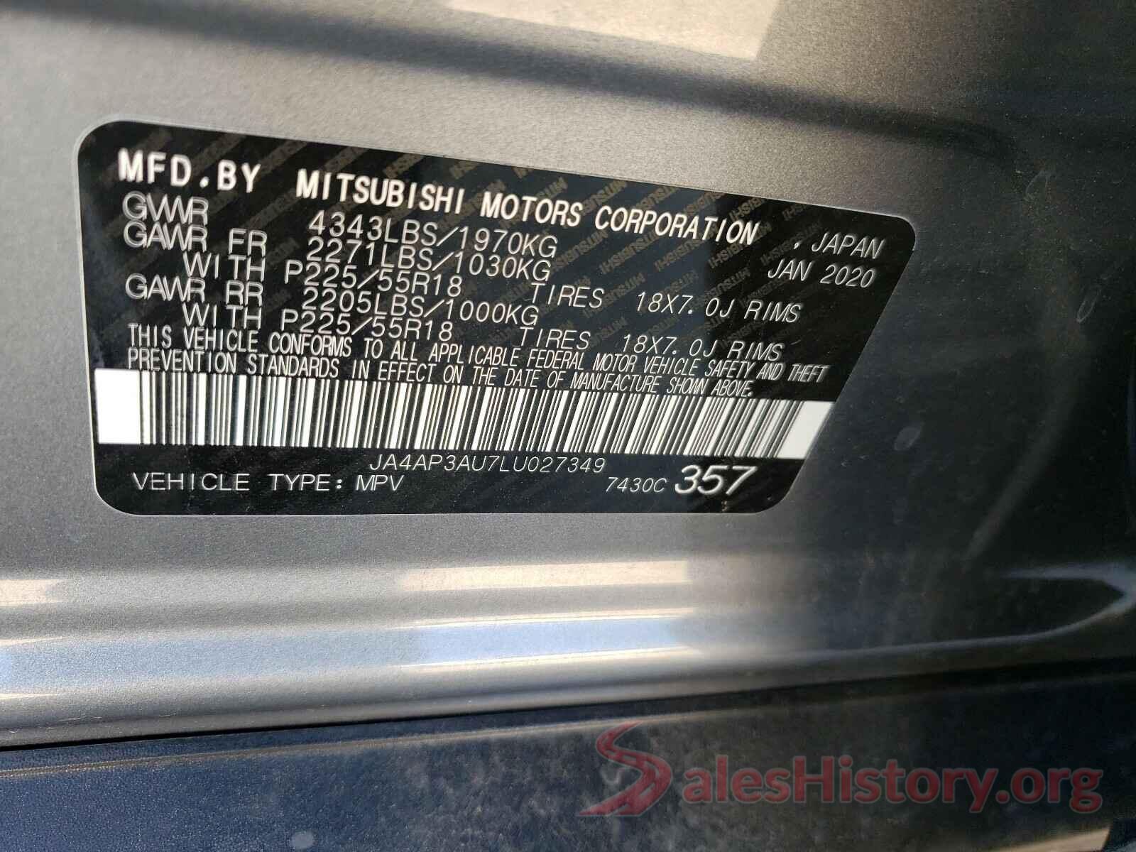 JA4AP3AU7LU027349 2020 MITSUBISHI OUTLANDER