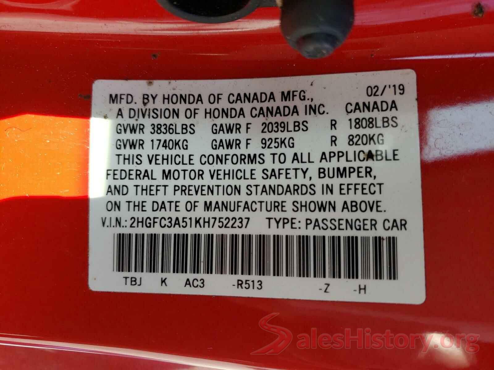 2HGFC3A51KH752237 2019 HONDA CIVIC