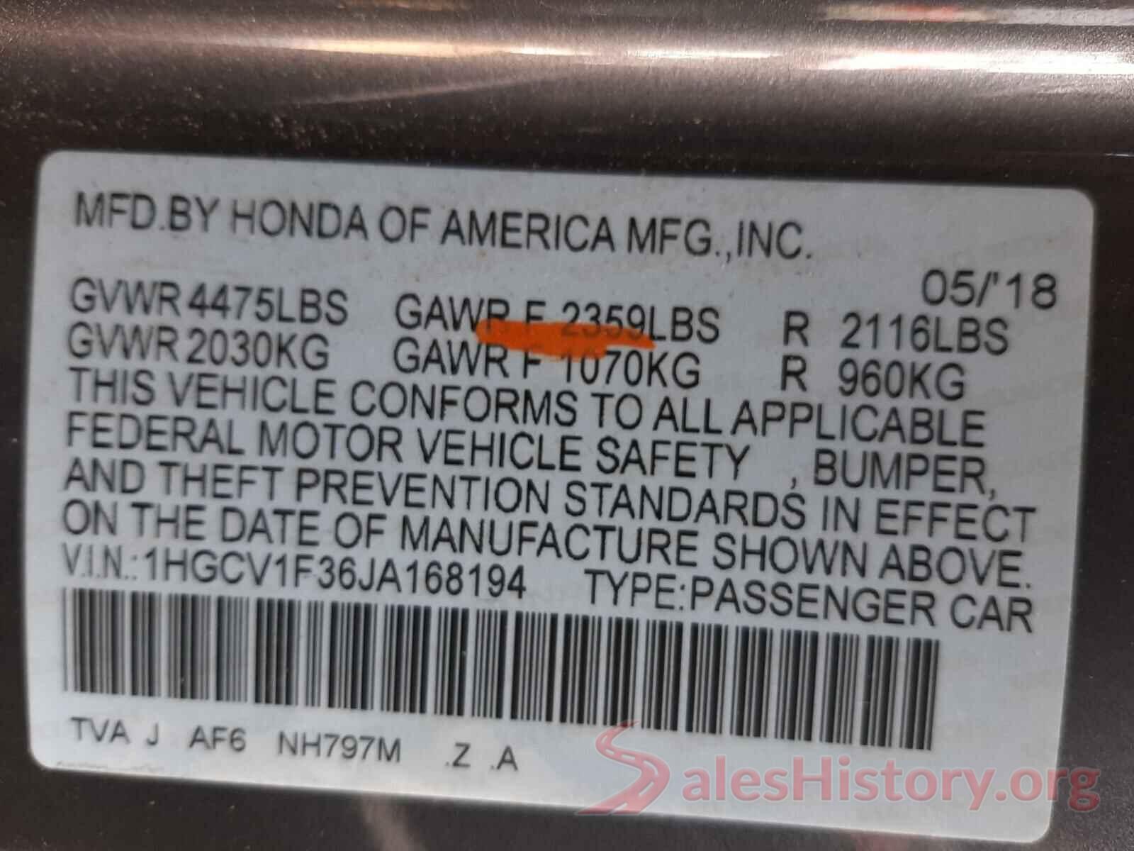 1HGCV1F36JA168194 2018 HONDA ACCORD