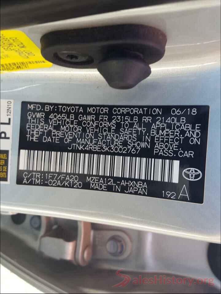 JTNK4RBE3K3002767 2019 TOYOTA COROLLA