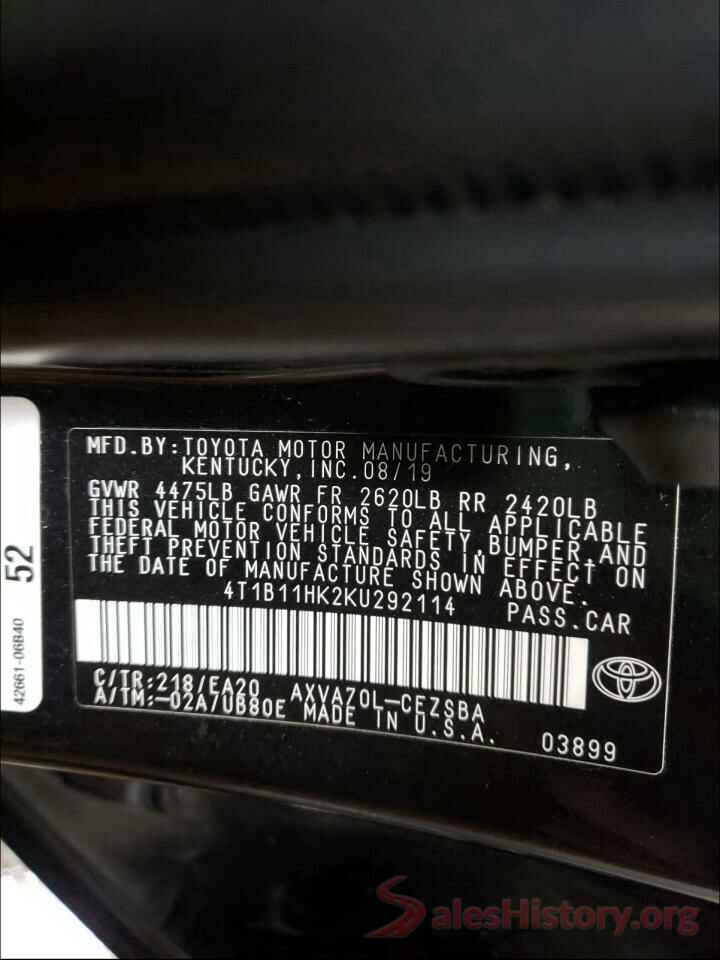 4T1B11HK2KU292114 2019 TOYOTA CAMRY