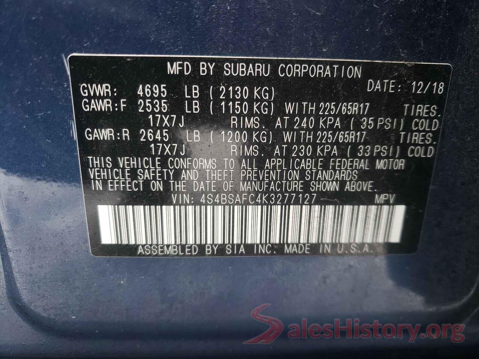 4S4BSAFC4K3277127 2019 SUBARU OUTBACK