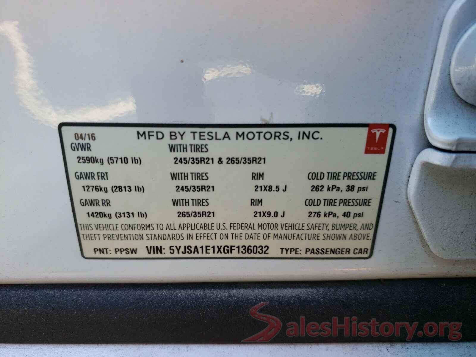 5YJSA1E1XGF136032 2016 TESLA MODEL S