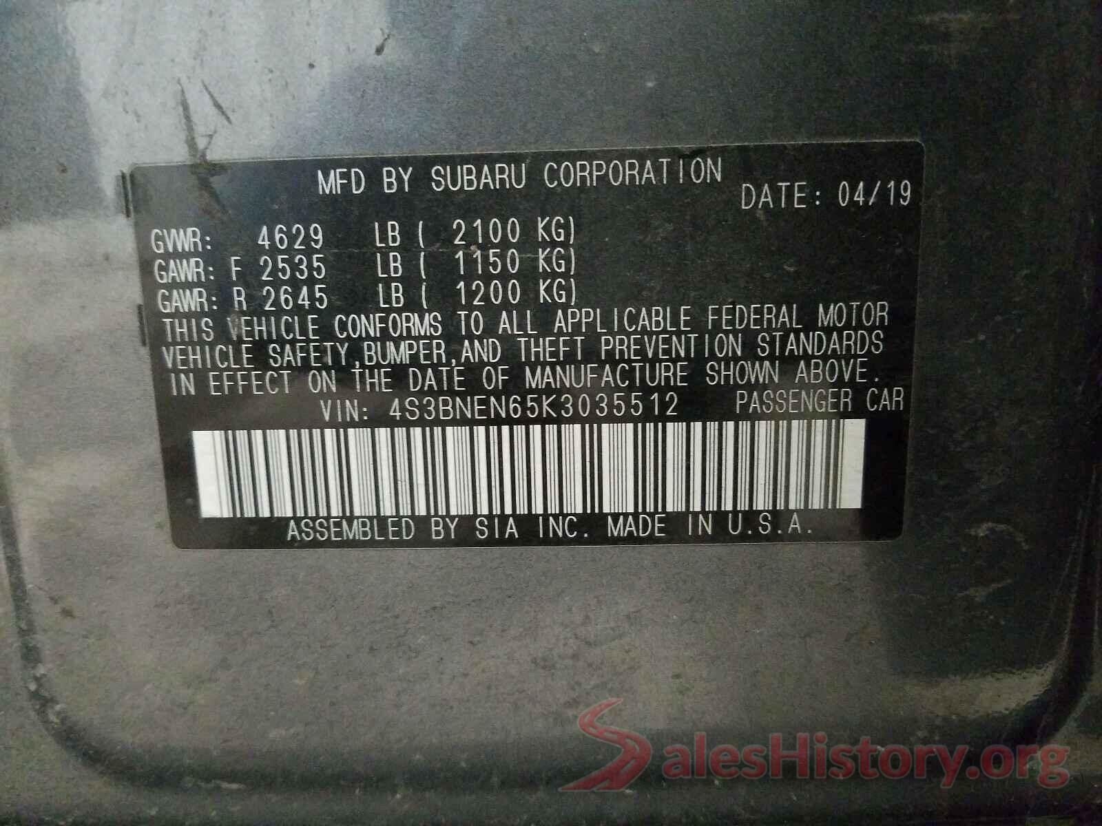 4S3BNEN65K3035512 2019 SUBARU LEGACY