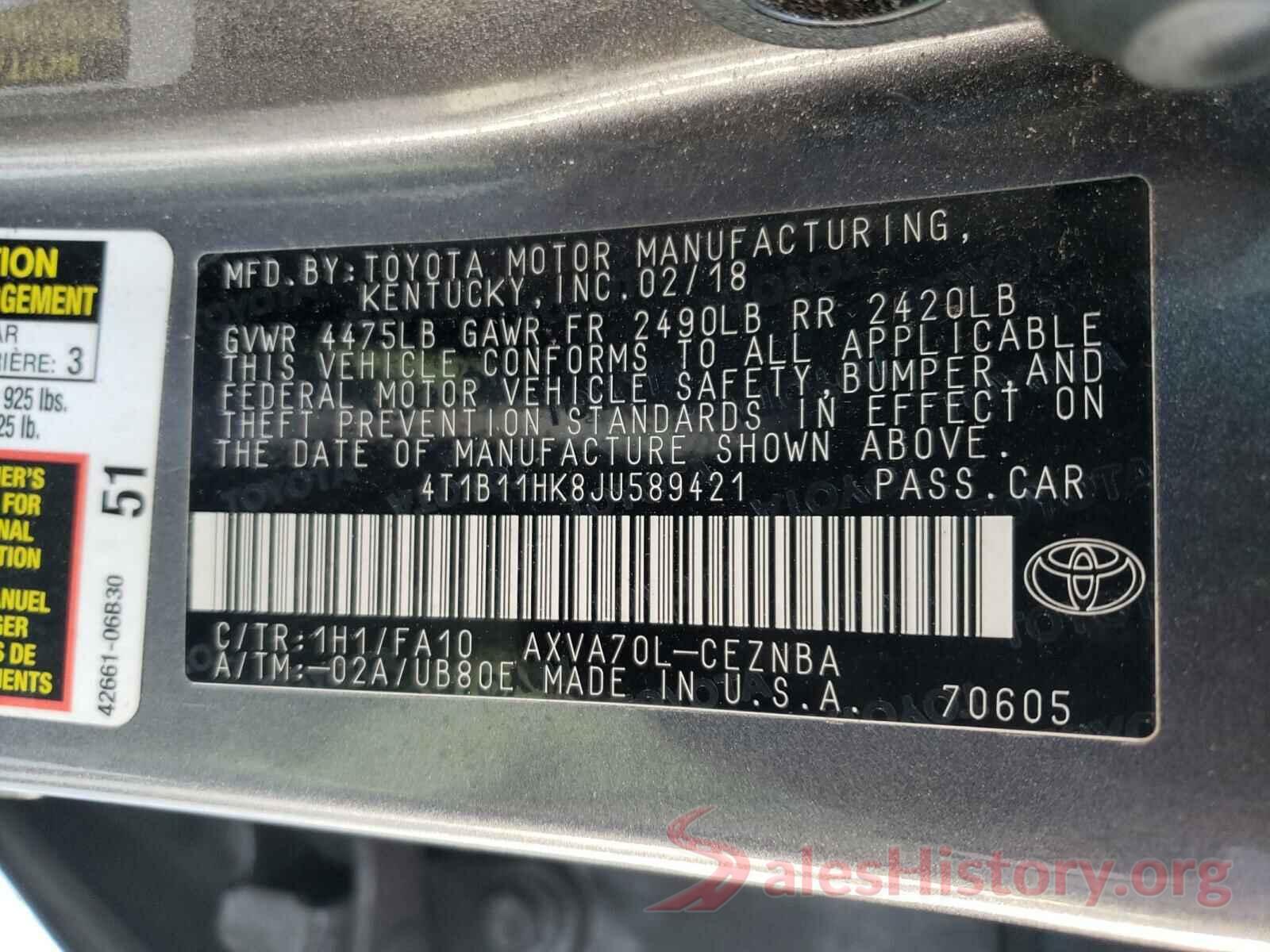 4T1B11HK8JU589421 2018 TOYOTA CAMRY