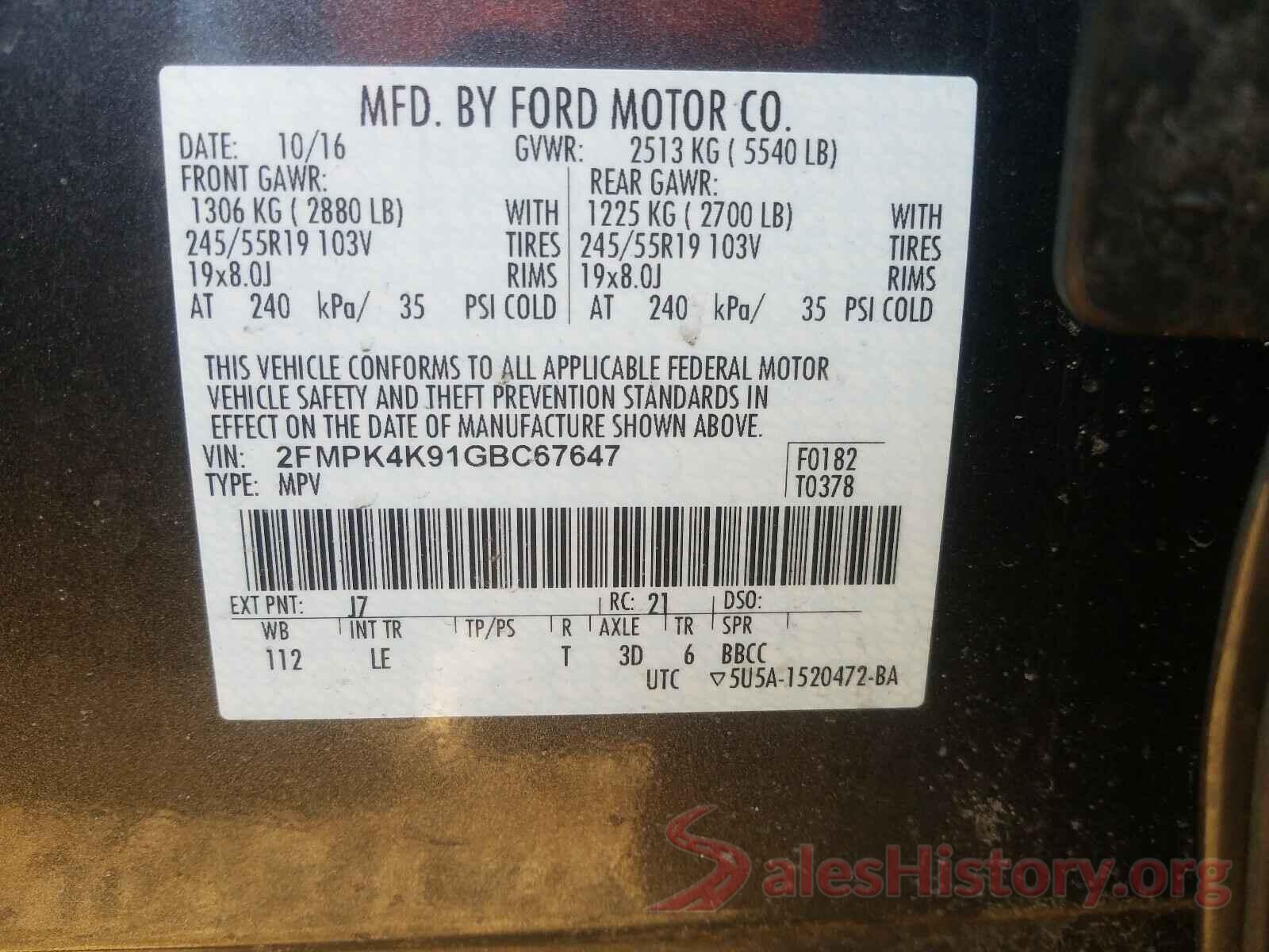 2FMPK4K91GBC67647 2016 FORD EDGE