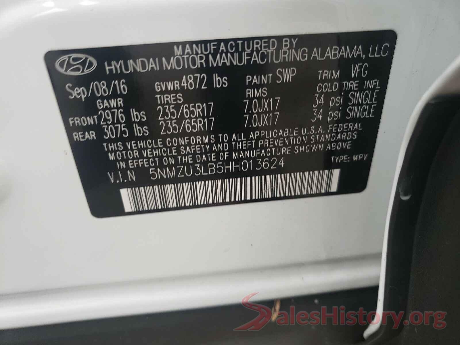 5NMZU3LB5HH013624 2017 HYUNDAI SANTA FE