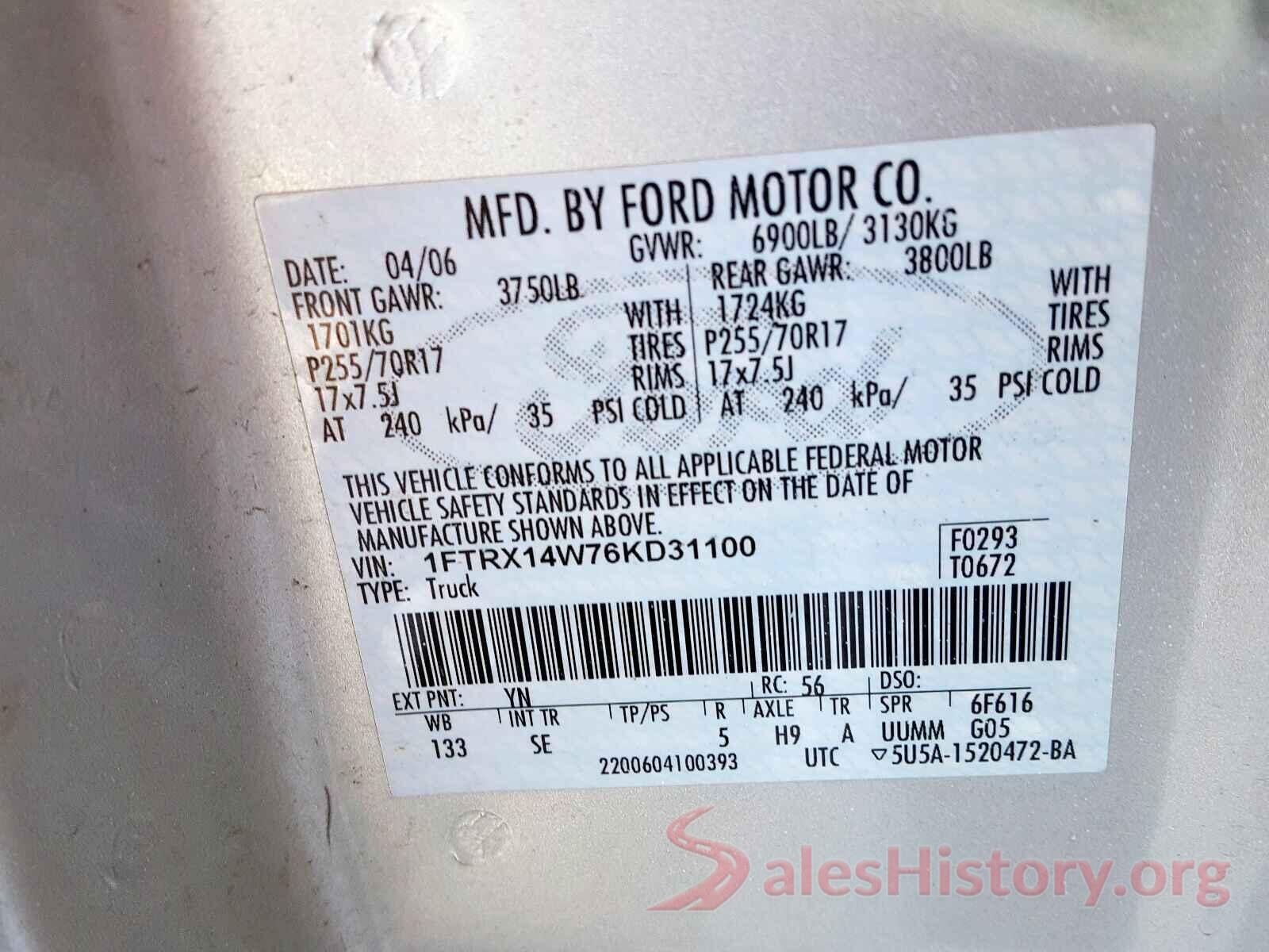 WDC0G4KB5KV168864 2006 FORD F150