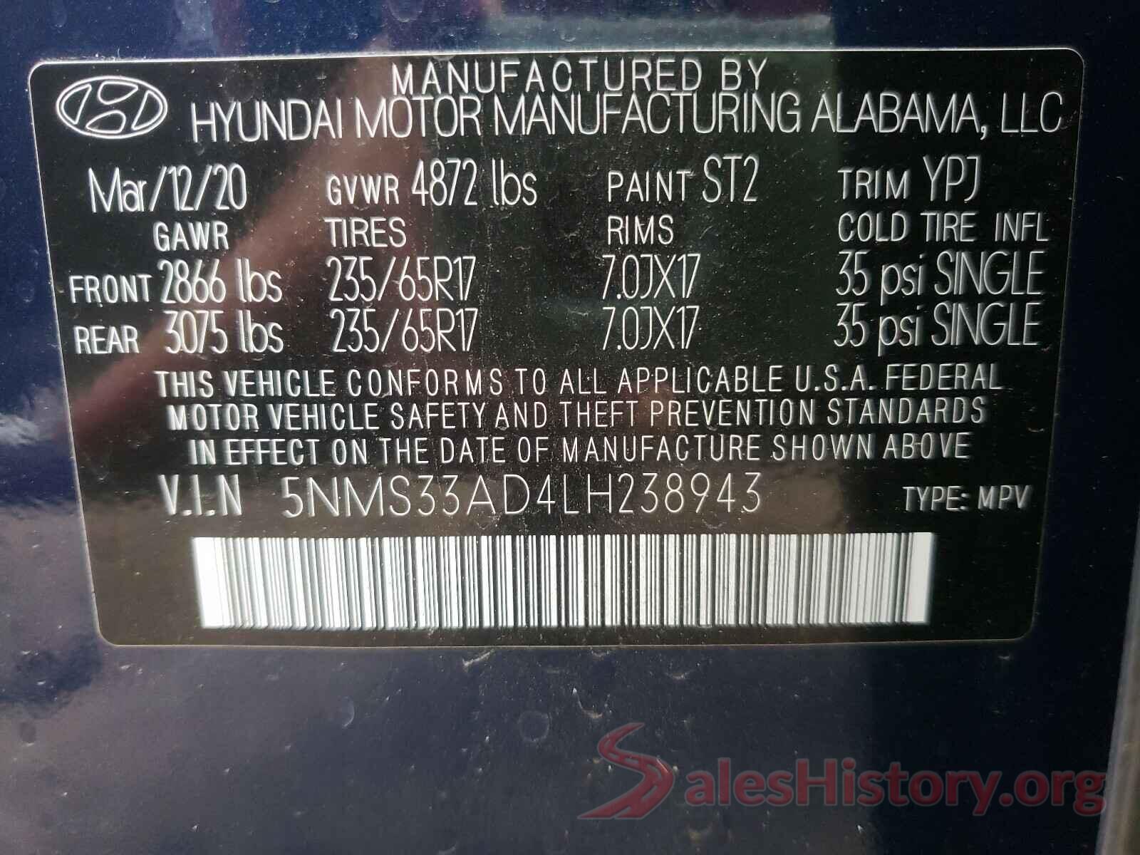 5NMS33AD4LH238943 2020 HYUNDAI SANTA FE