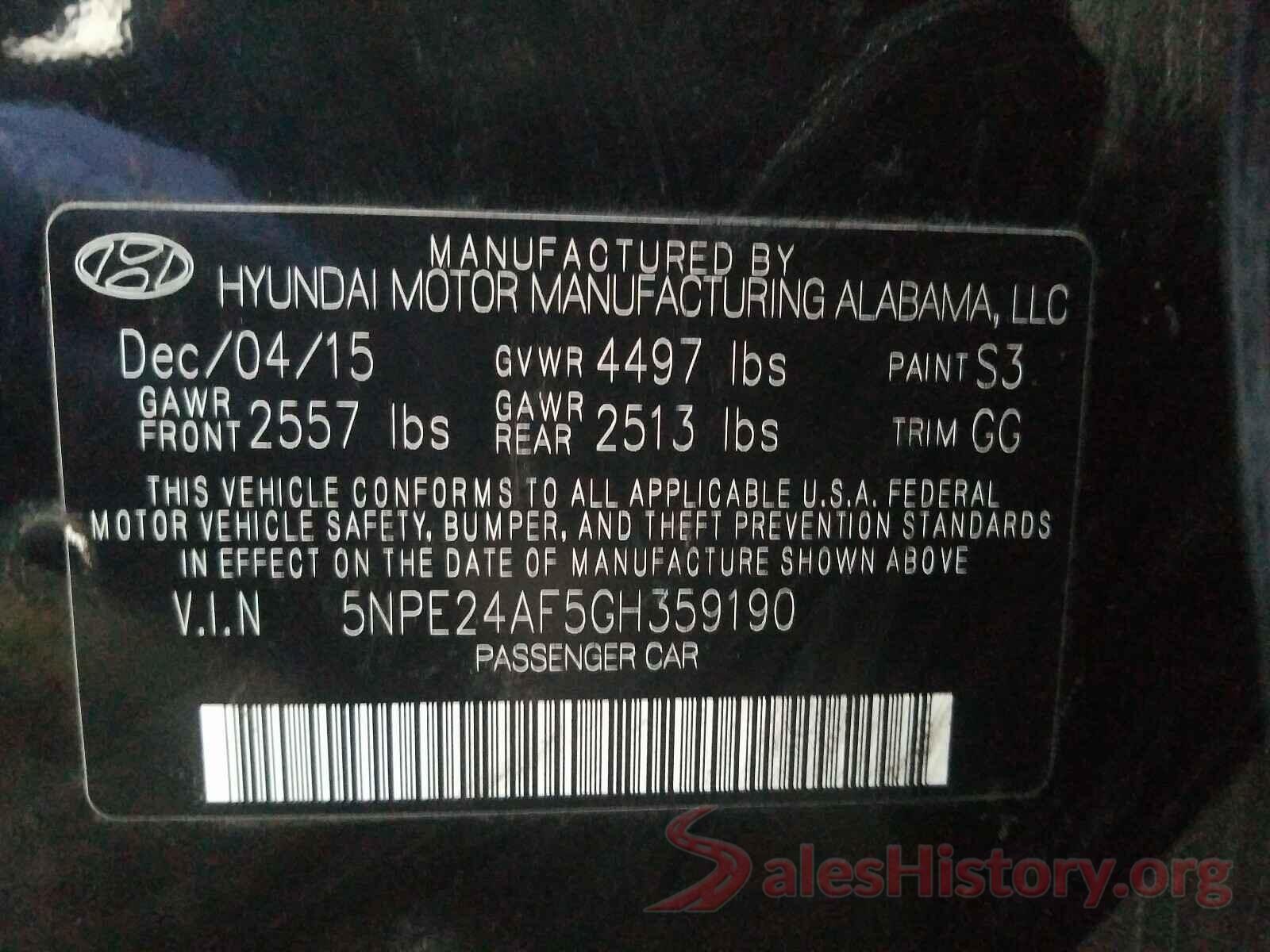 5NPE24AF5GH359190 2016 HYUNDAI SONATA