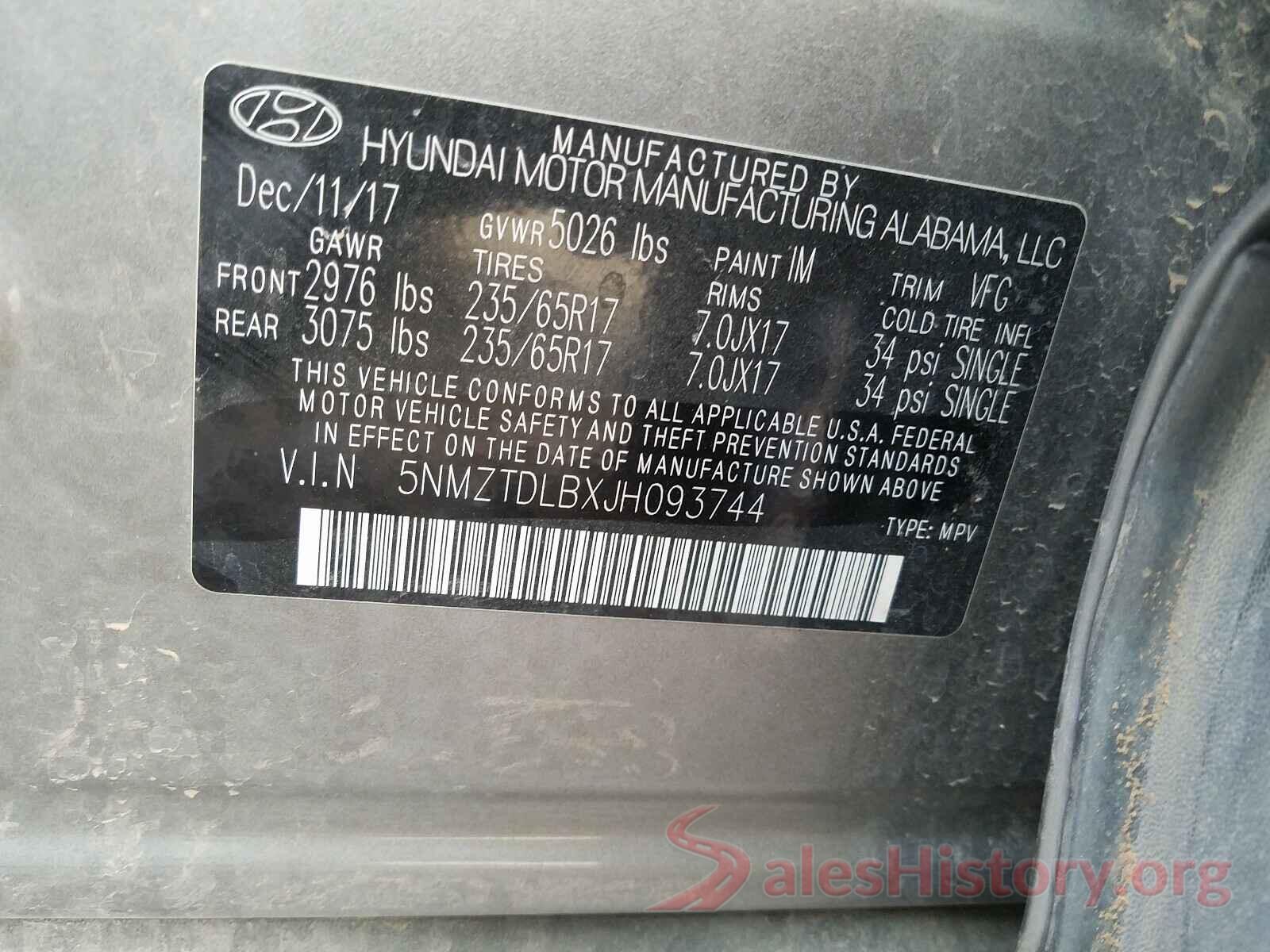 5NMZTDLBXJH093744 2018 HYUNDAI SANTA FE