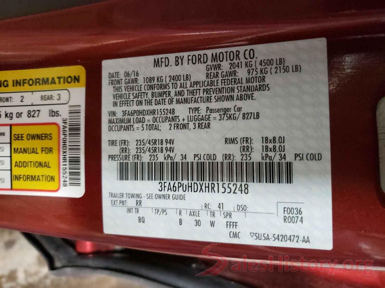 3FA6P0HDXHR155248 2017 FORD FUSION