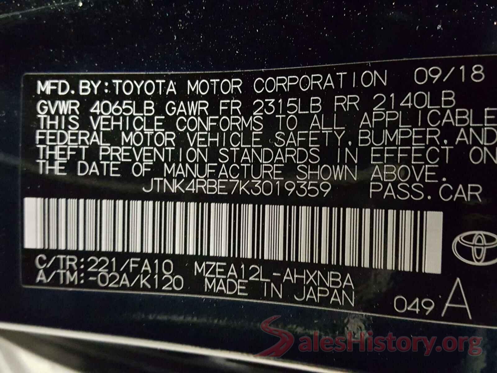 JTNK4RBE7K3019359 2019 TOYOTA COROLLA