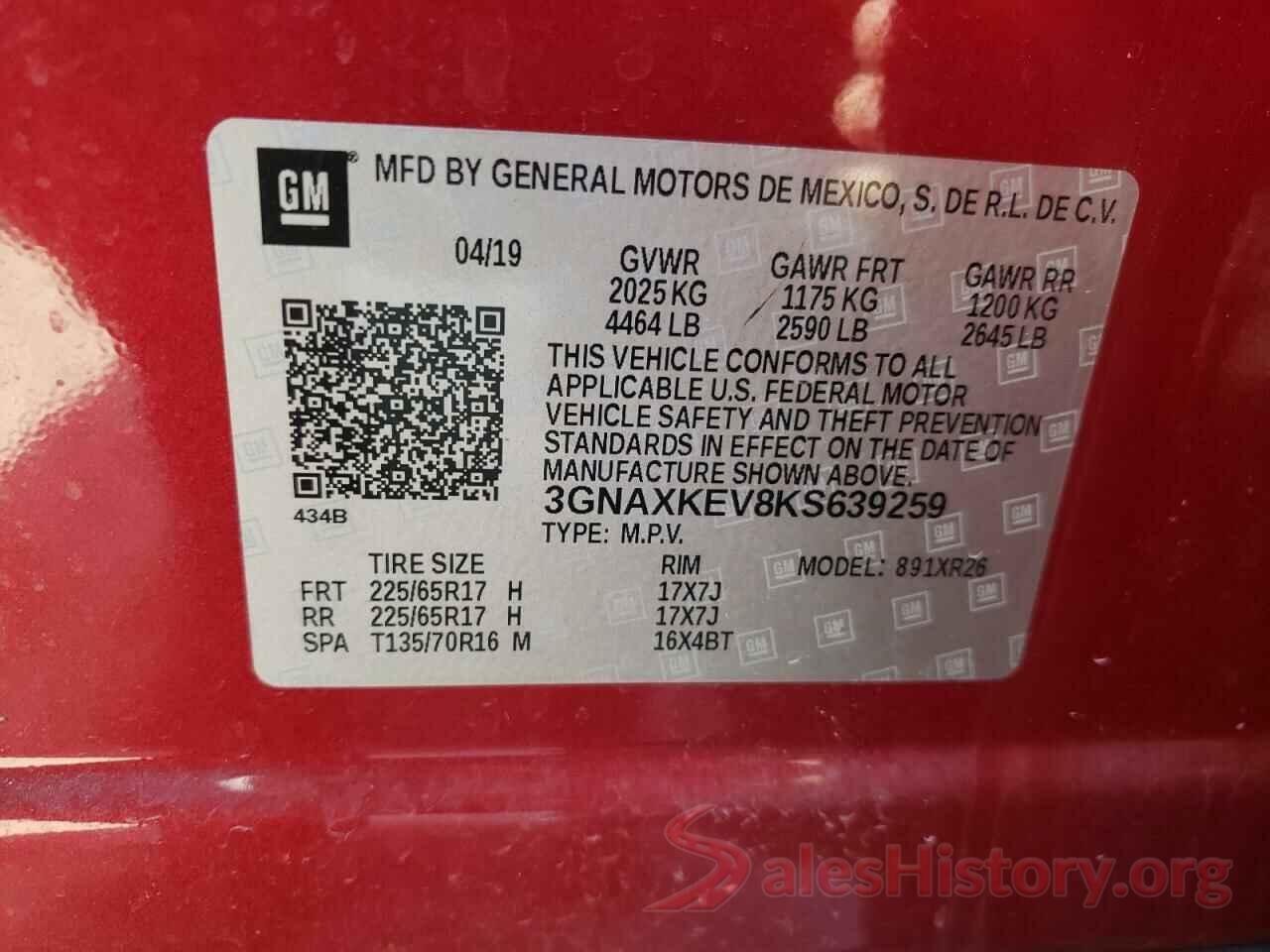 3GNAXKEV8KS639259 2019 CHEVROLET EQUINOX