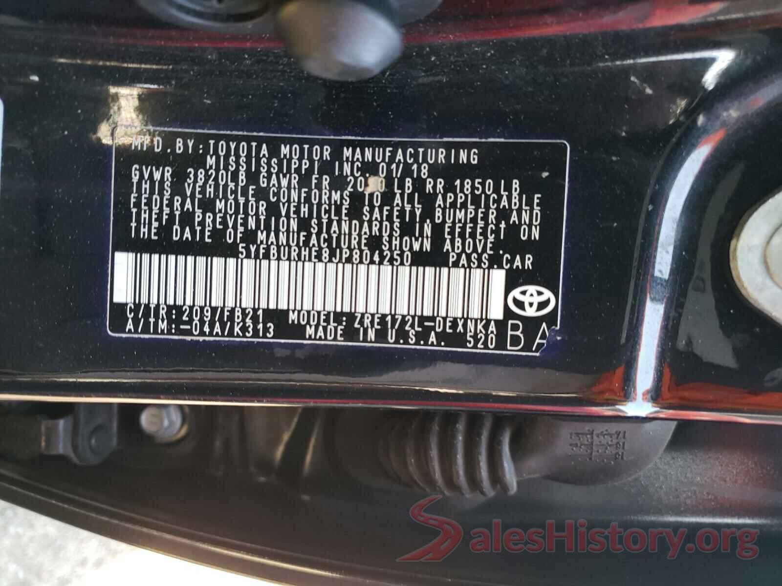 5YFBURHE8JP804250 2018 TOYOTA COROLLA