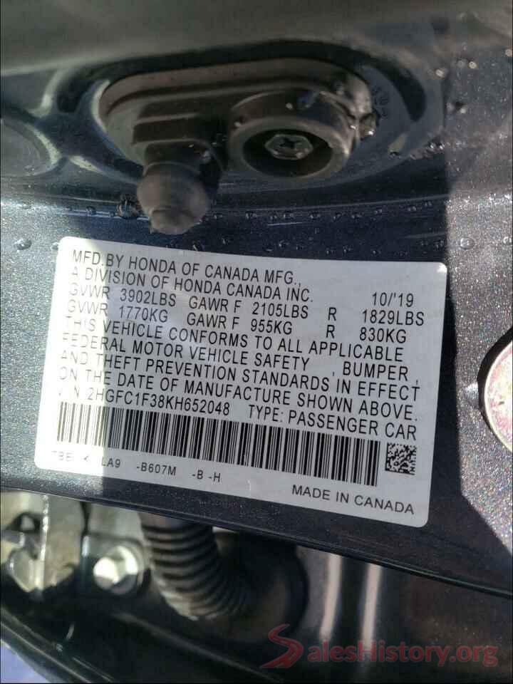 2HGFC1F38KH652048 2019 HONDA CIVIC