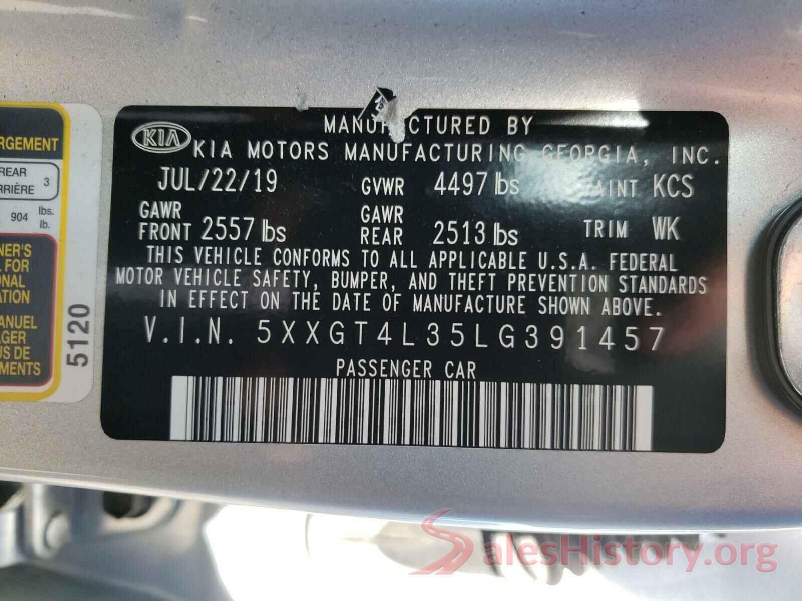 5XXGT4L35LG391457 2020 KIA OPTIMA