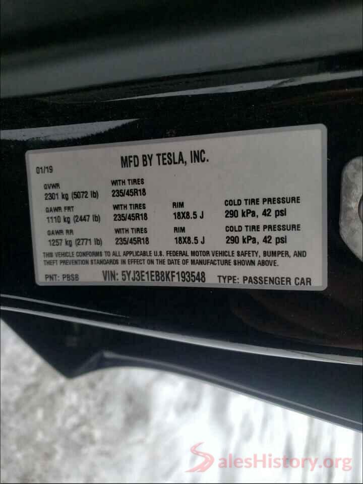 5YJ3E1EB8KF193548 2019 TESLA MODEL 3