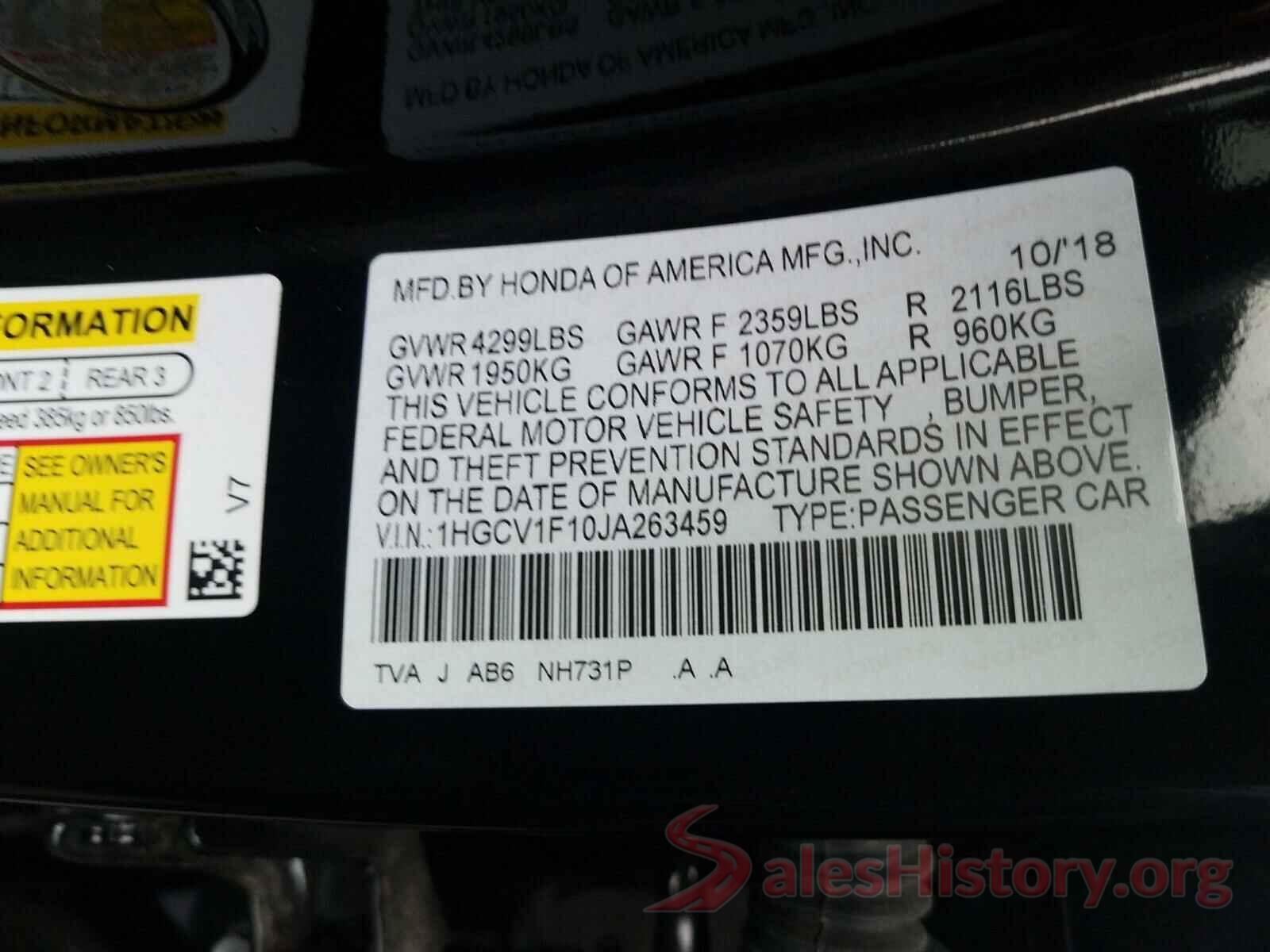 1HGCV1F10JA263459 2018 HONDA ACCORD