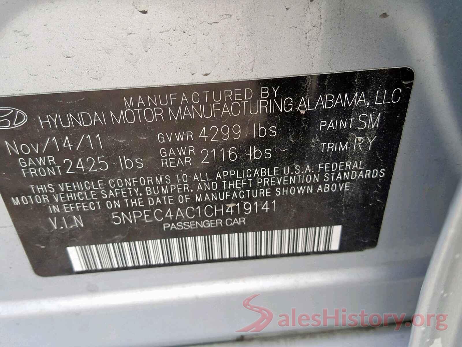 5NPEC4AC1CH419141 2012 HYUNDAI SONATA