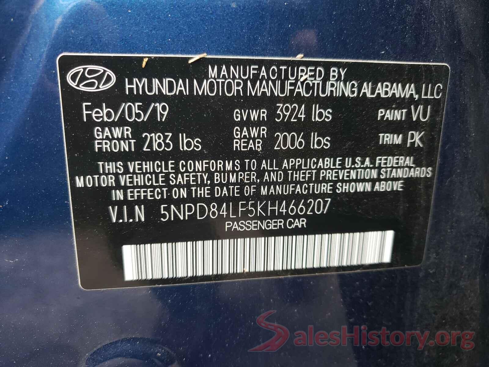 5NPD84LF5KH466207 2019 HYUNDAI ELANTRA