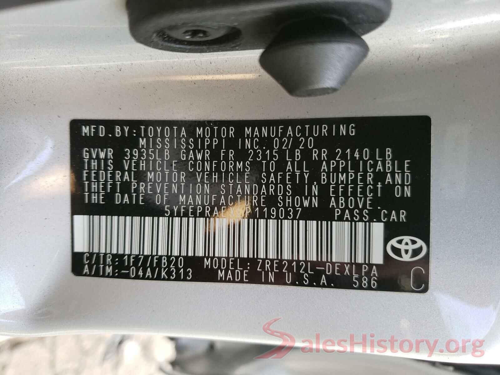 5YFEPRAEXLP119037 2020 TOYOTA COROLLA