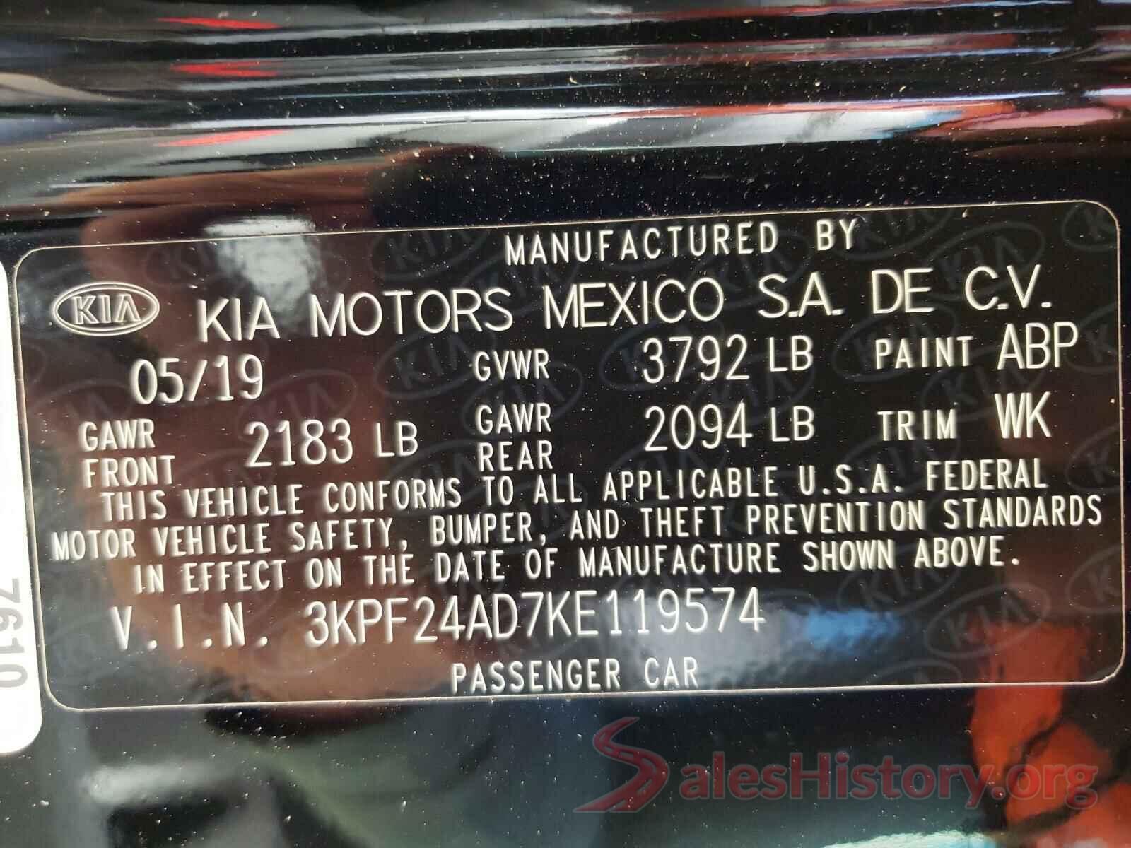 3KPF24AD7KE119574 2019 KIA FORTE