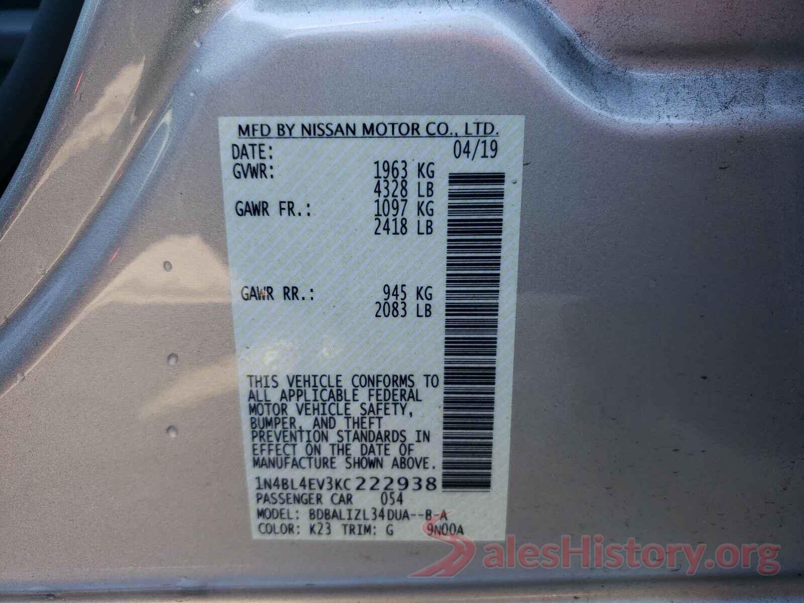 1N4BL4EV3KC222938 2019 NISSAN ALTIMA