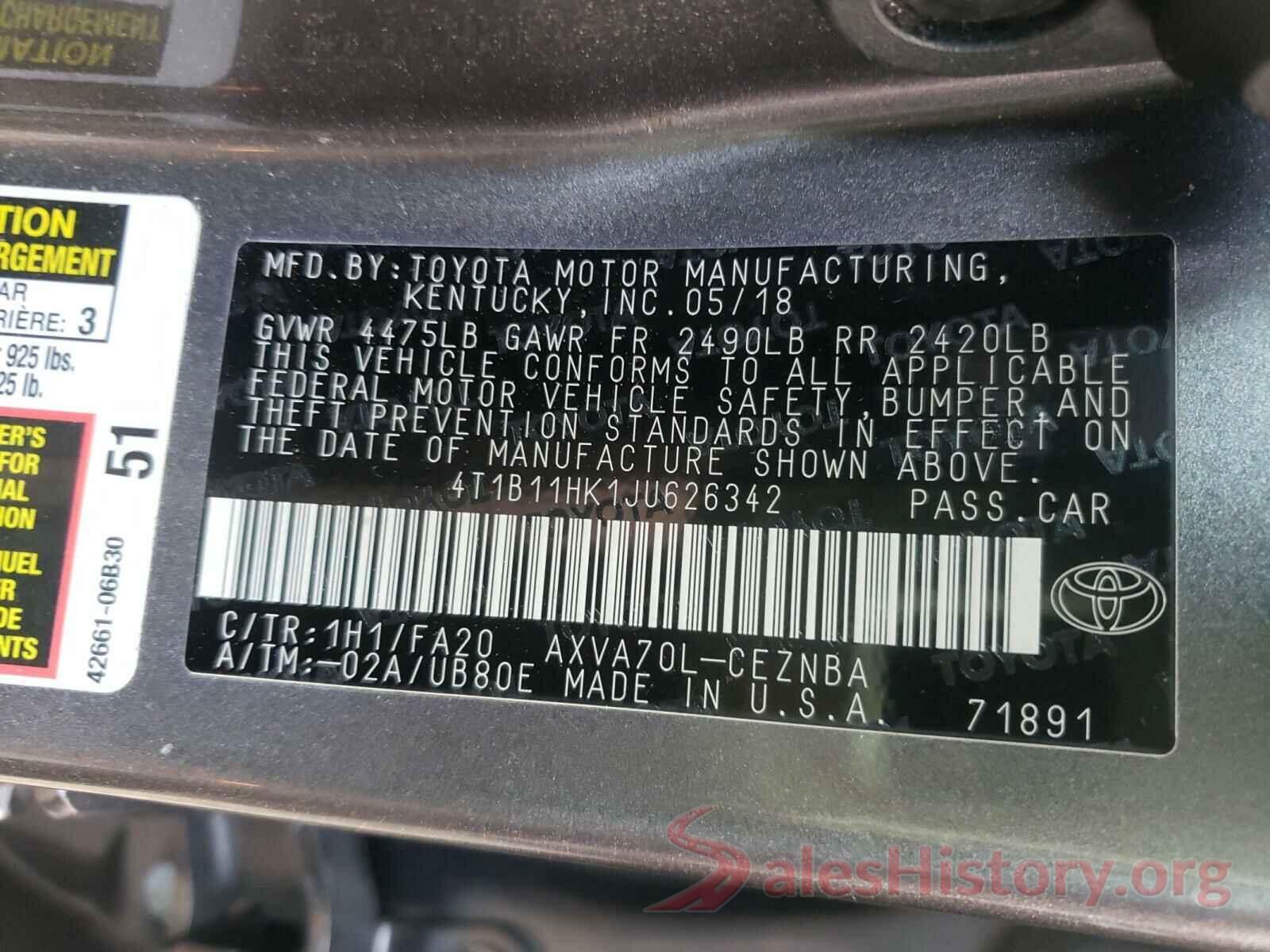 4T1B11HK1JU626342 2018 TOYOTA CAMRY