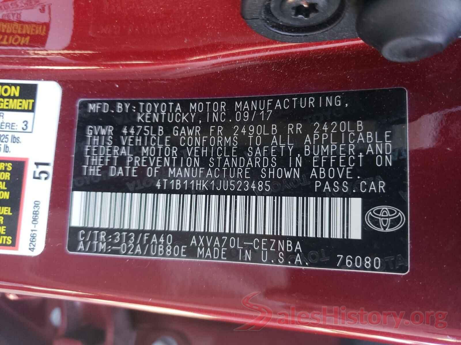 4T1B11HK1JU523485 2018 TOYOTA CAMRY